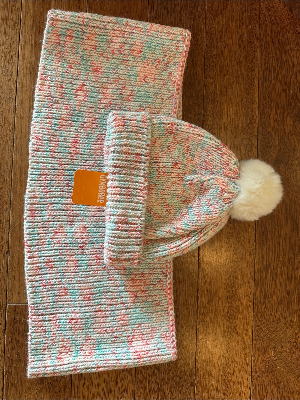 Gymboree Multicolor Knit Hat and Scarf Set in Pink, Mint & White with Pom
